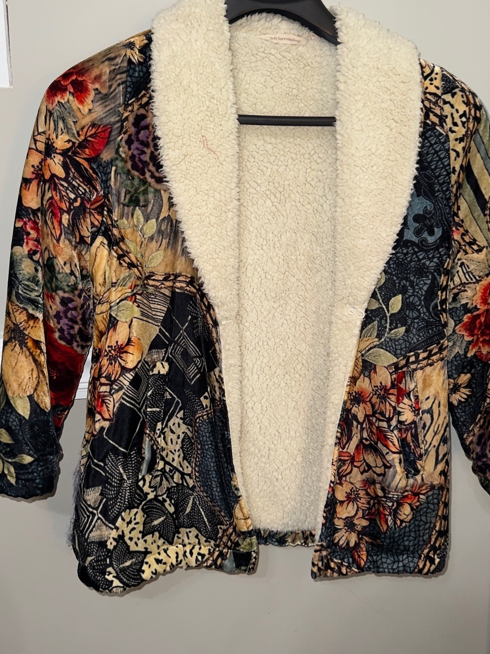 Floral Patchwork Teddy Jacket with Cream Sherpa Collar - Picture 4 of 13